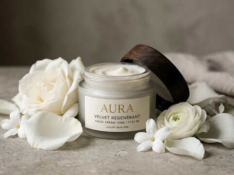 Aura wellness aromatherapy candle with natural elements.