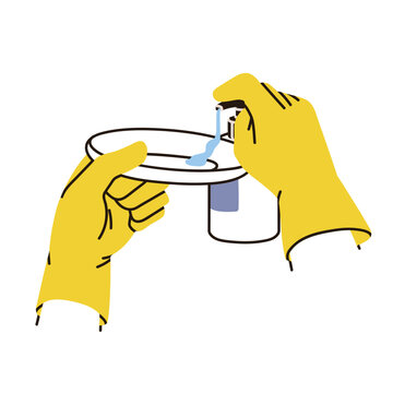 Dish washing. Hands in rubber gloves holding plate, squeezing dishwashing liquid, soap from bottle. Kitchen housework, dishware cleaning routine. Flat vector illustration isolated on white background