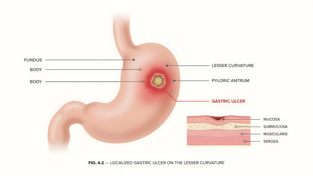 Medical illustration of a gastric ulcer located on the lesser curvature of stomach