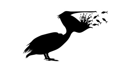 Fototapeta premium Black silhouette of a pelican catching small fish in its beak, isolated on transparent background