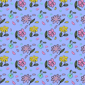 Seamless pattern with colorful cute doodle flowers on a slate purple background.