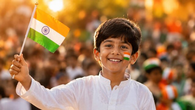Happy little indian boy celebrating independence day with indian flag and painted face.