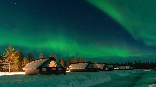 Time lapse : Snow-covered village, Lapland, Northern Finland, rural houses with glass roof, snow covered. Aurora borealis beyond the Arctic Circle. Levi, Finland	
