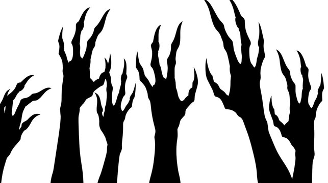Black demonic clawed hands reaching upwards, isolated on transparent background