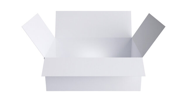 Open white cardboard box with flaps extended, isolated on transparent background