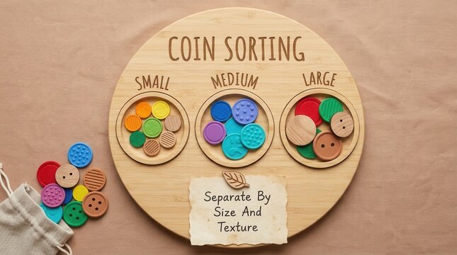Colorful educational wooden coin sorting tray featuring various textured buttons categorized by small medium and large sizes for children sensory learning and fine motor skills development active kids