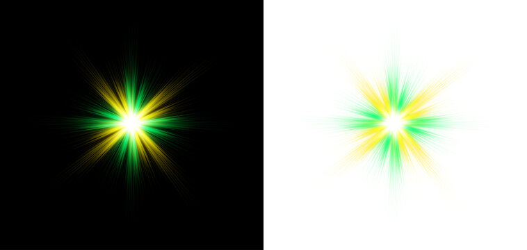 Abstract glowing starburst light effect with colorful rays on transparent background for design