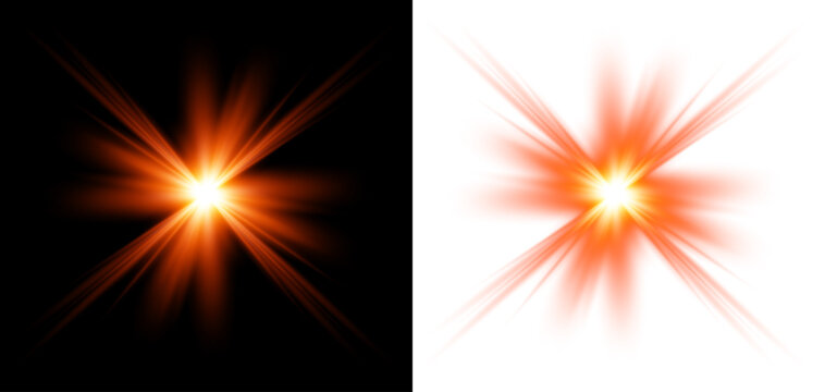 Abstract starburst light effect with glowing orange rays on transparent background for graphic design