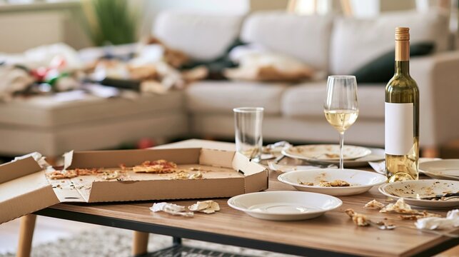 Living room aftermath with pizza, wine, and dirty dishes creating a concept of mess and neglect