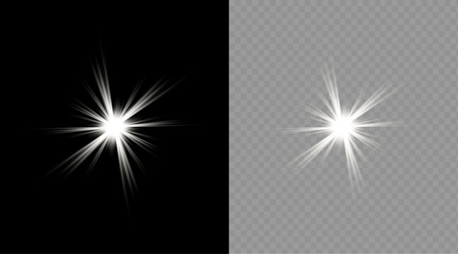 Bright star burst light effect isolated on black and transparent backgrounds for graphic design and digital overlays