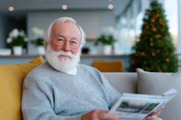 Fototapeta premium Senior man relaxing on a sofa at home near a decorated Christmas tree, cozy retirement, peaceful lifestyle, festive comfort, holiday home, Christmas.