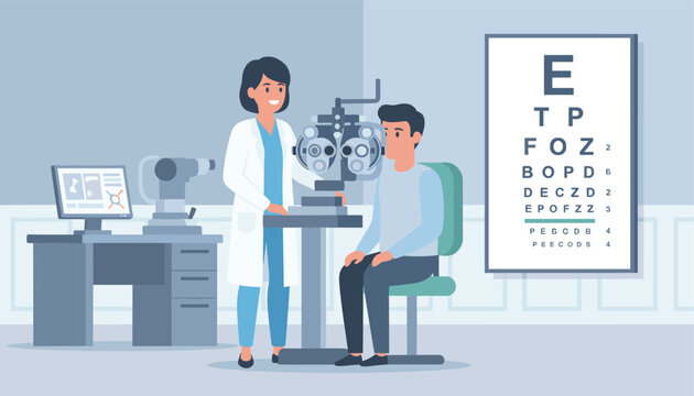 Female ophthalmologist checking a young man's vision using a phoropter machine in an eye clinic with an eye chart on the wall.