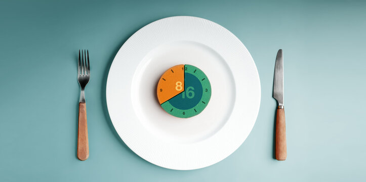 Clock rests on an empty plate between a fork and knife, 16-8 intermittent fasting