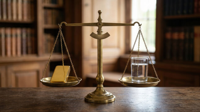 Gold bar and glass of clean water on balance scale symbolizing value and access to water in wooden library room