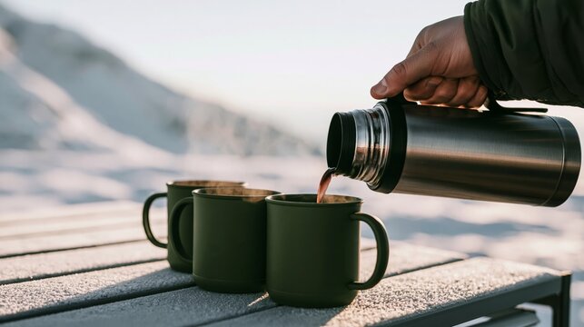 Warm coffee or tea filling insulated mugs on a cold day, enjoying hot drinks outdoors in winter nature