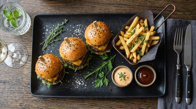 Beef burger sliders with crispy fries. Gourmet mini cheeseburgers served on a black tray.