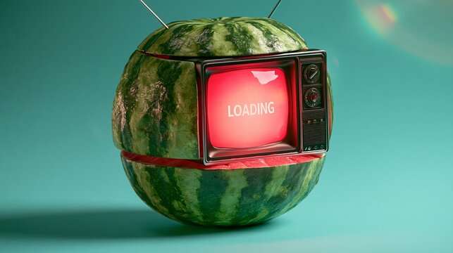 Watermelon television with glowing red screen showing LOADING, a fusion of nature and retro technology
