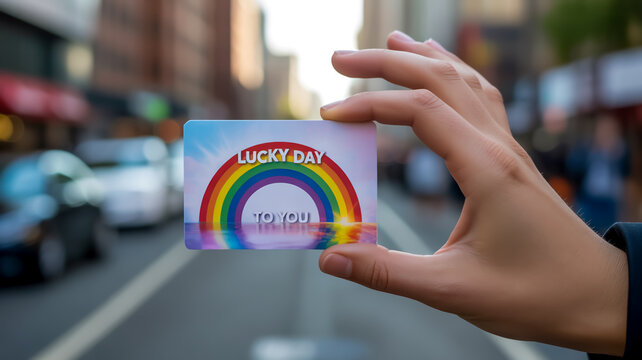 Close up of a hand holding a colorful rainbow loyalty or gift card on a blurry city street background