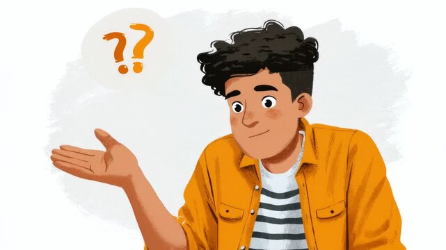 Animated confused man shrugging with question marks in a speech bubble on a white background
