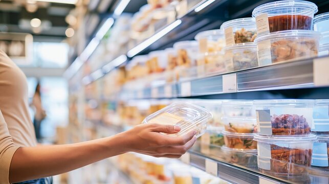 Shopper choosing a packaged ready meal from a refrigerated supermarket shelf, highlighting convenient food options