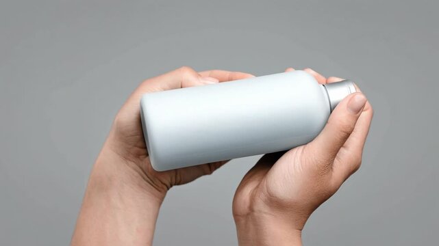Female hands holding a white plastic bottle with a silver cap, ideal for a product mockup