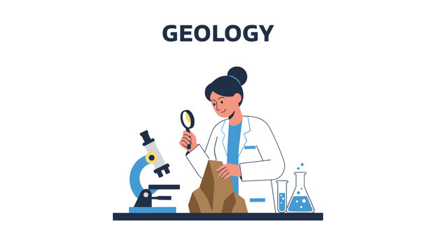 Professional geologist woman studying mineral stone specimen using magnifying glass and scientific microscope.