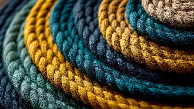 Coiled colorful twisted fiber rope mats with intricate woven texture displaying concentric patterns in yellow blue teal and beige shades for creative artisan craft