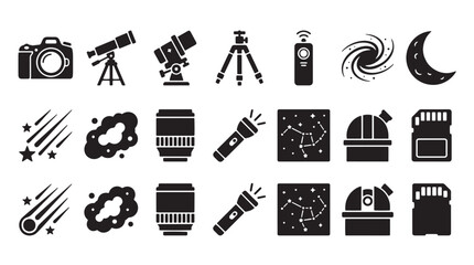 Astronomy and space science icons set, 15 black vector symbols for astrophysics and stargazing, telescope and observatory research graphics © Anika