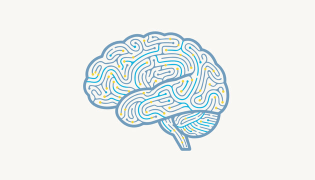 Abstract illustration of human brain designed as complex maze with glowing nodes symbolizing mind complexity.