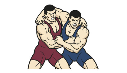 Fototapeta premium Two muscular professional athletes in red and blue uniforms wrestling hard during competitive match inside ring.