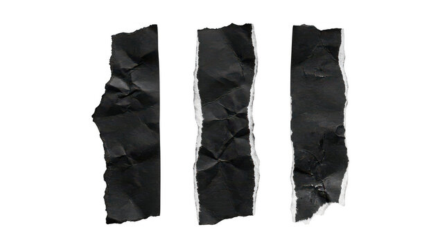 Three strips of torn black paper isolated on transparent background