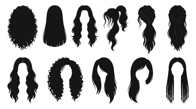 Vector collection of various long hairstyles for women, featuring black silhouettes of curly, wavy, straight, braided, and ponytail styles isolated on a white background for fashion design.