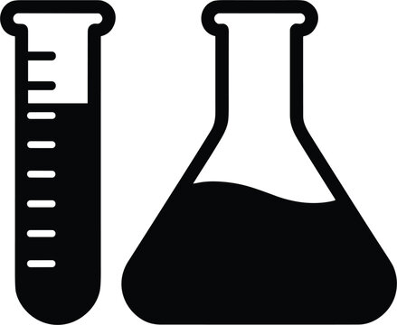 Chemistry laboratory graduated test tube and conical erlenmeyer flask with liquid black vector icon for scientific research