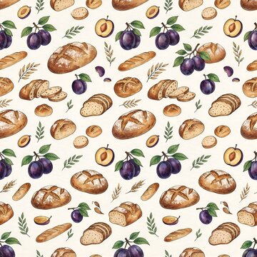 Watercolor pattern illustration featuring fresh artisan bread loaves and ripe plums on a light background