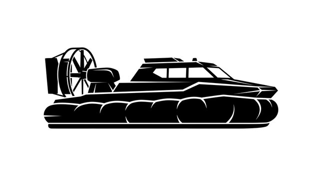 Black silhouette of a hovercraft on a white background. Vector illustration of an amphibious vehicle for transport and rescue.