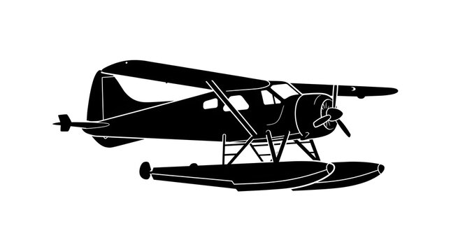 Black silhouette of a seaplane isolated on a white background. Vector illustration of a vintage floatplane aircraft for water landing