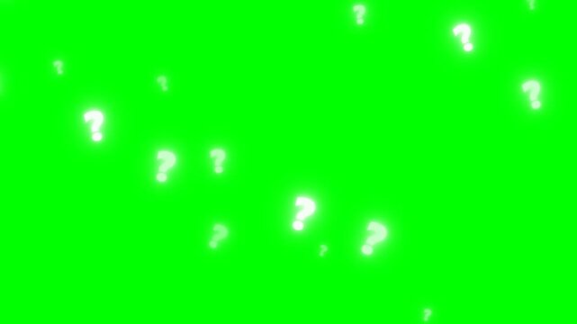Glowing white question marks floating on a green screen background