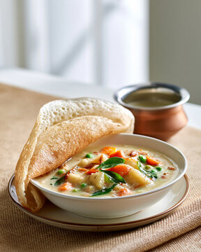 Appam with vegetable stew in morning window light
