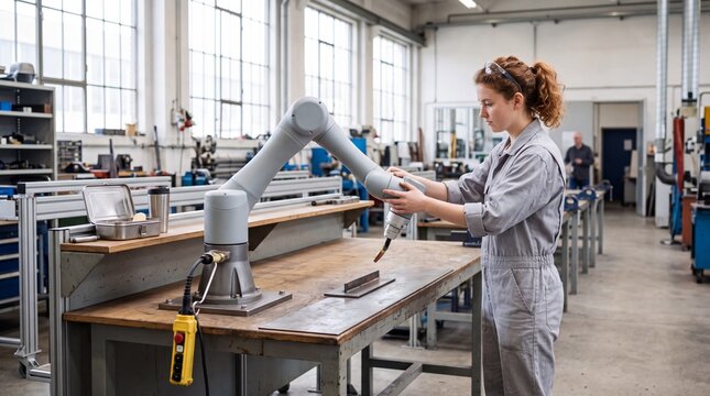 Auszubildende f&uuml;hrt Roboterarm per Hand in Ausbildungswerkstatt
