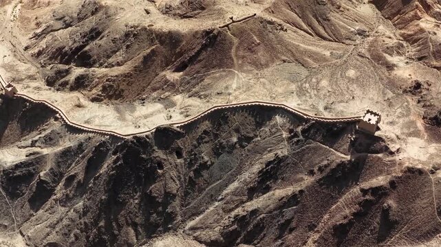 Ancient Chinese Great Wall Watchtower and Fortification on Rugged Mountains in Gansu Province, Northwest China