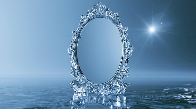 Ornate oval mirror sculpted from clear ice standing on a frozen water surface against a soft blue background