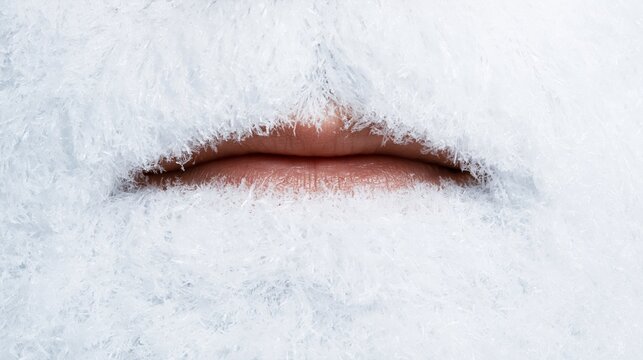 Human lips surrounded by intricate frost crystals forming a delicate frozen mustache and beard, winter cold