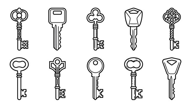 Vintage and modern key line icon set including skeleton keys house keys and door lock key vector illustration