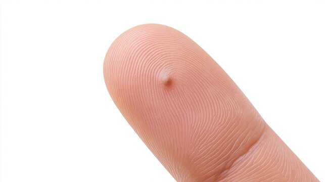 Human finger showing small wart on tip with detailed skin texture, dermatology and health concept