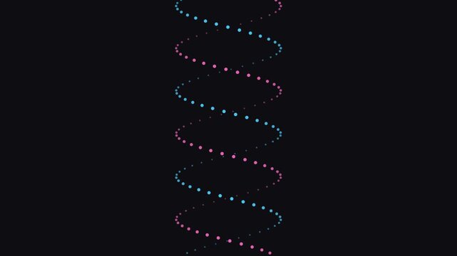Abstract double helix rotating light trail animation representing digital genetic sequence data flow on dark background motion clip.