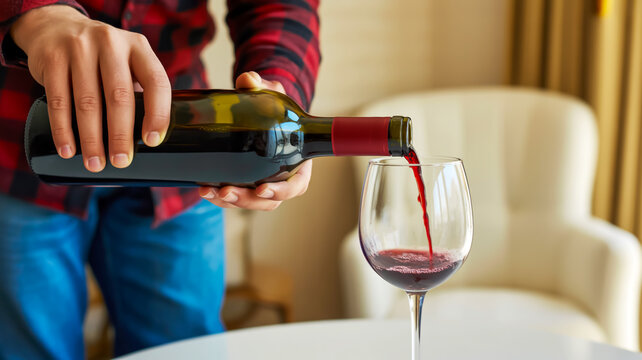 A Close-Up View of Red Wine Being Poured into a Glass for a Relaxing Evening at Home