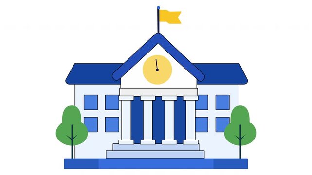 Flat Vector Animation of School or University Building with Clock Tower and Columns