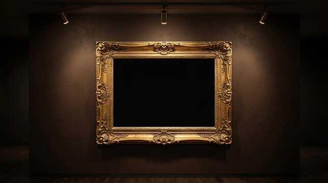 Empty ornate golden picture frame hanging on a dark wall with dramatic spotlight illumination