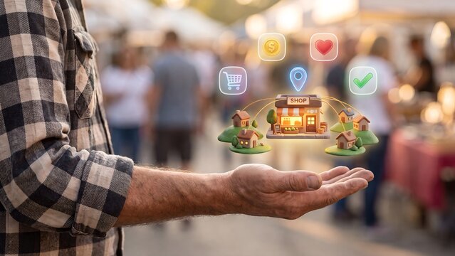 Support local business concept, hand holding small shop with surrounding houses and community icons for shopping cart, money, location, love and quality at outdoor street market with people walking