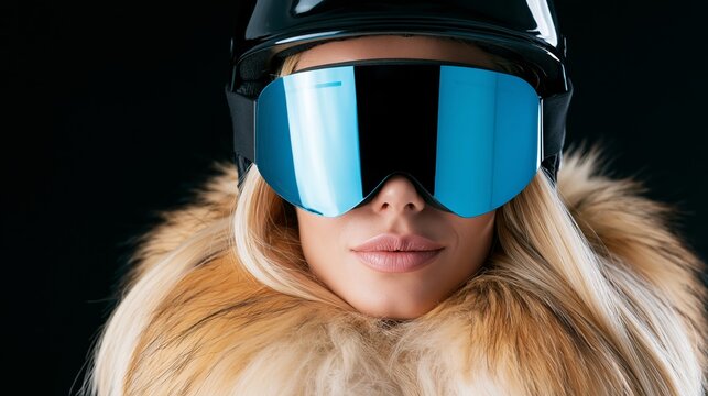 Blonde woman wearing shiny ski helmet, reflective blue goggles, and a warm fur collar, exuding winter sport style